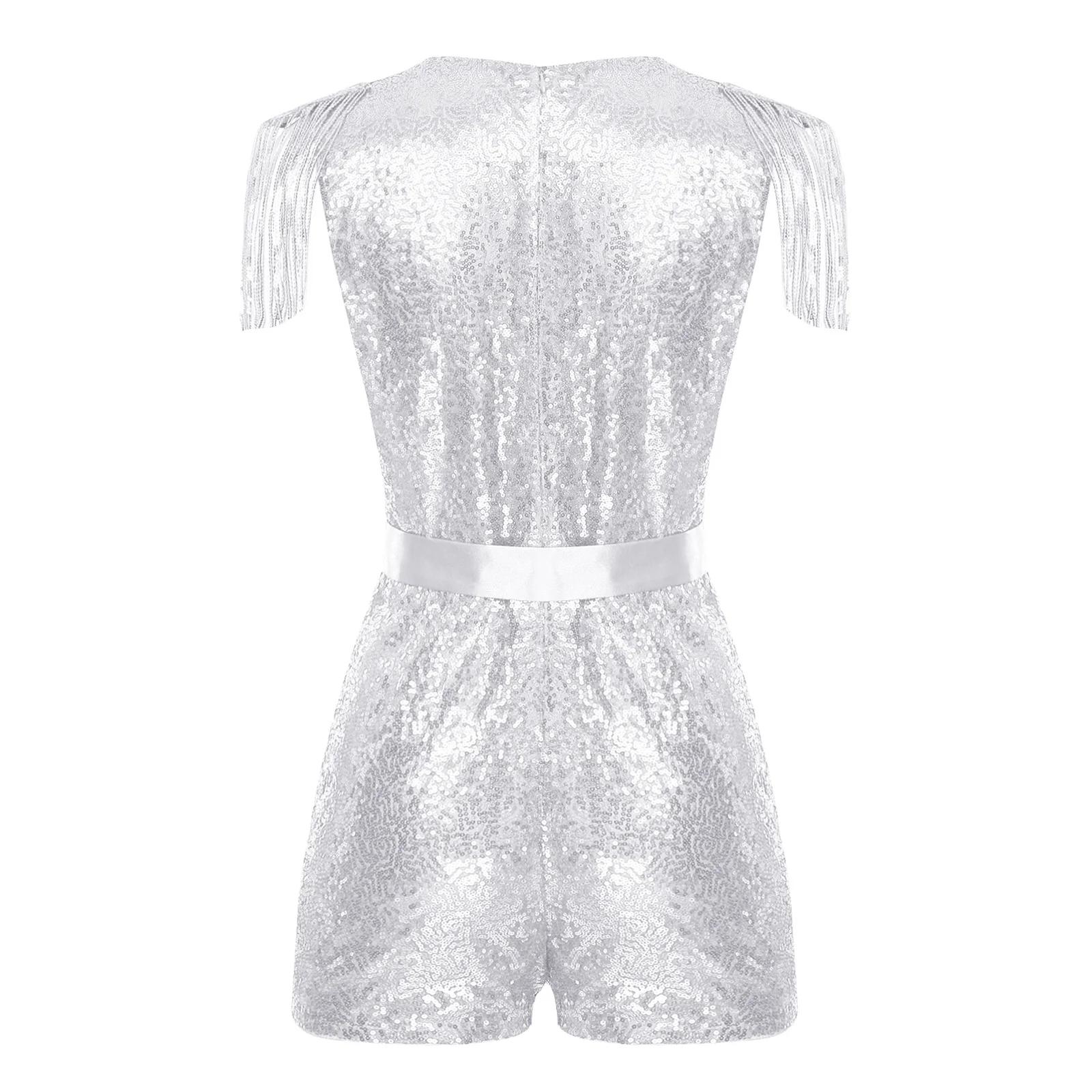 Barboteuse à paillettes et pompons pour femmes, combinaison chaude, col en v, sans manches, scintill