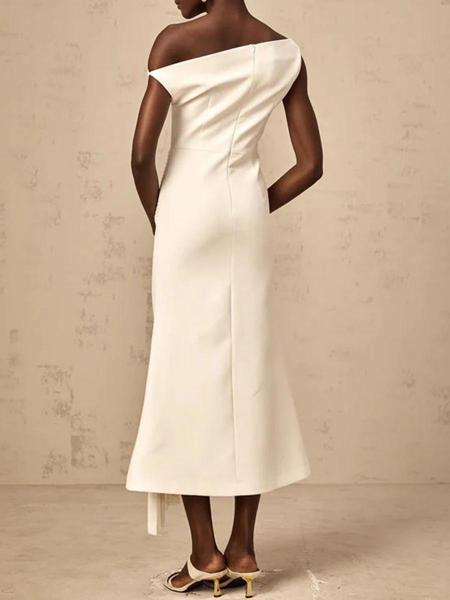 TWOTWINSTYLE – robe mi-longue élégante et amincissante pour femmes, couleur unie, col diagonal, épau
