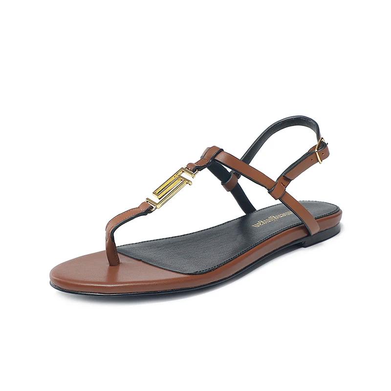 2024 mode femmes sandales d'été en cuir véritable métal décoratif semelle plate dentelle strucOpen P