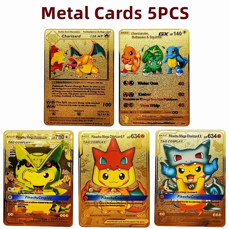 Collection de cartes de jeu Pokémon en métal, figurines d'anime, Charizard, Pikachu, Blastoise, Mewt
