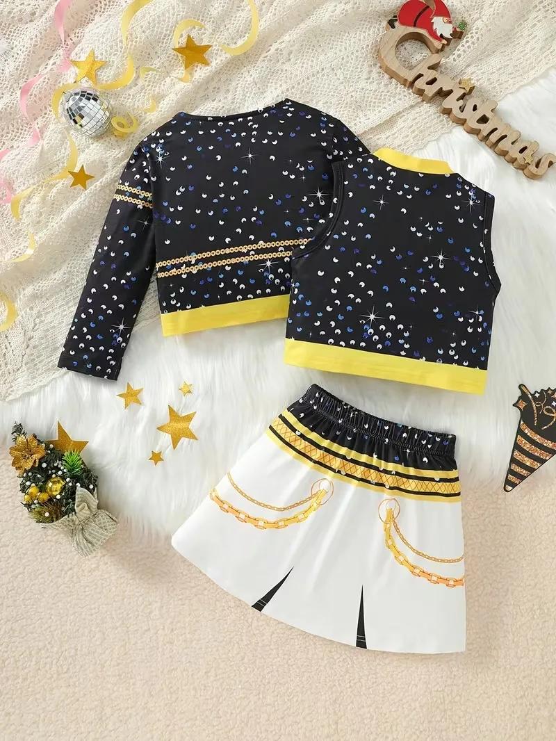 Ensemble 3 pièces filles veste paillettes noire haut court jupe blanche imprimé chaîne dorée enfants