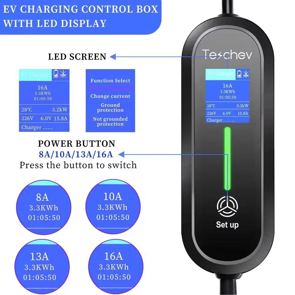 Chargeur EV portable Teschev 220V 230V Wallbox 16A Type1 j1772 Câble de charge Type2 Cordon IEC62196