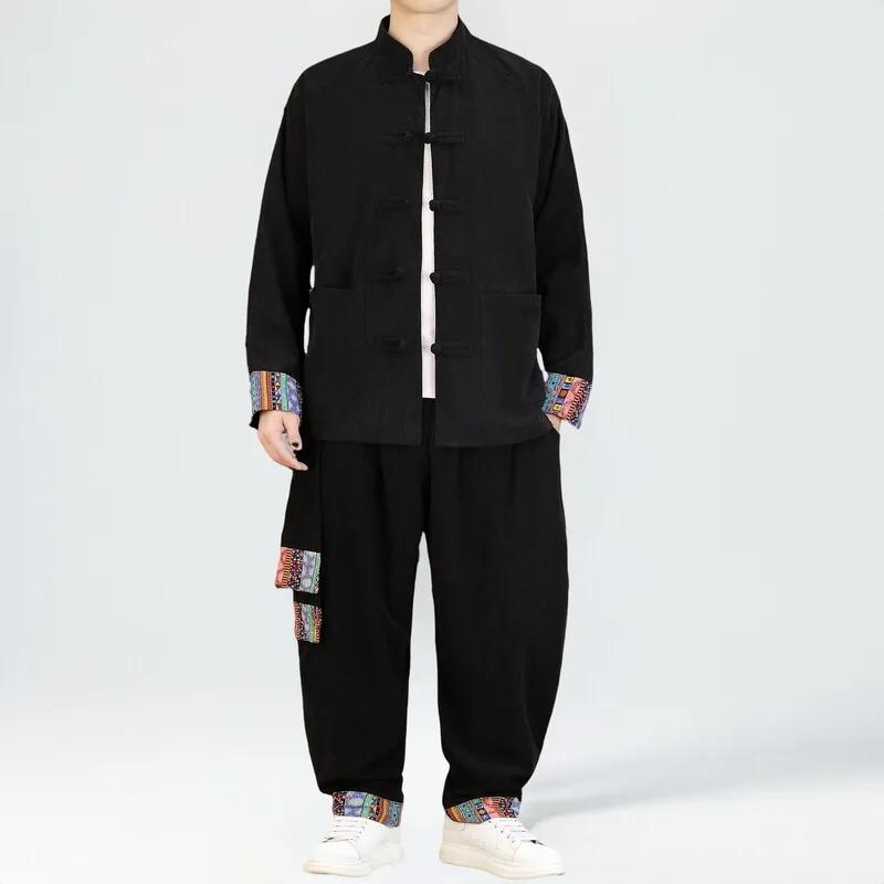 2025 hommes Style chinois rétro Tang costume hommes Patchwork velours côtelé ensemble imprimé Hanfu 