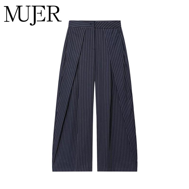 Pantalon Baggy Noir Plissé à Jambes Larges Rayé Décontracté Taille Haute pour Femme Printemps