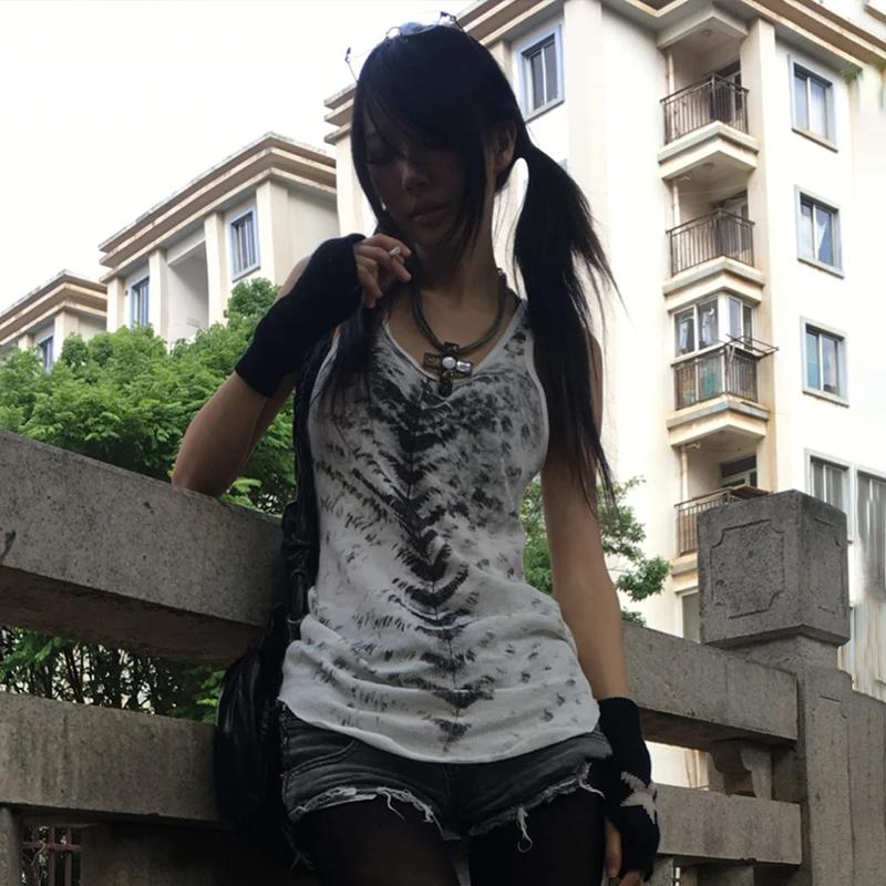 Karrcat Grunge Esthétique Tie Dye Débardeur Trashy 2000s Style Long Débardeur Japonais Y2k Haut Sans