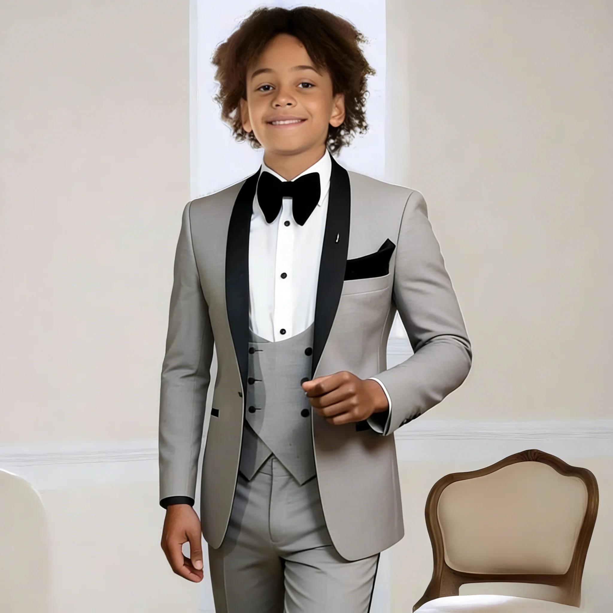 Costume gris clair 3 pièces pour garçons, smoking de mariage pour enfants, veste, pantalon, gilet, r