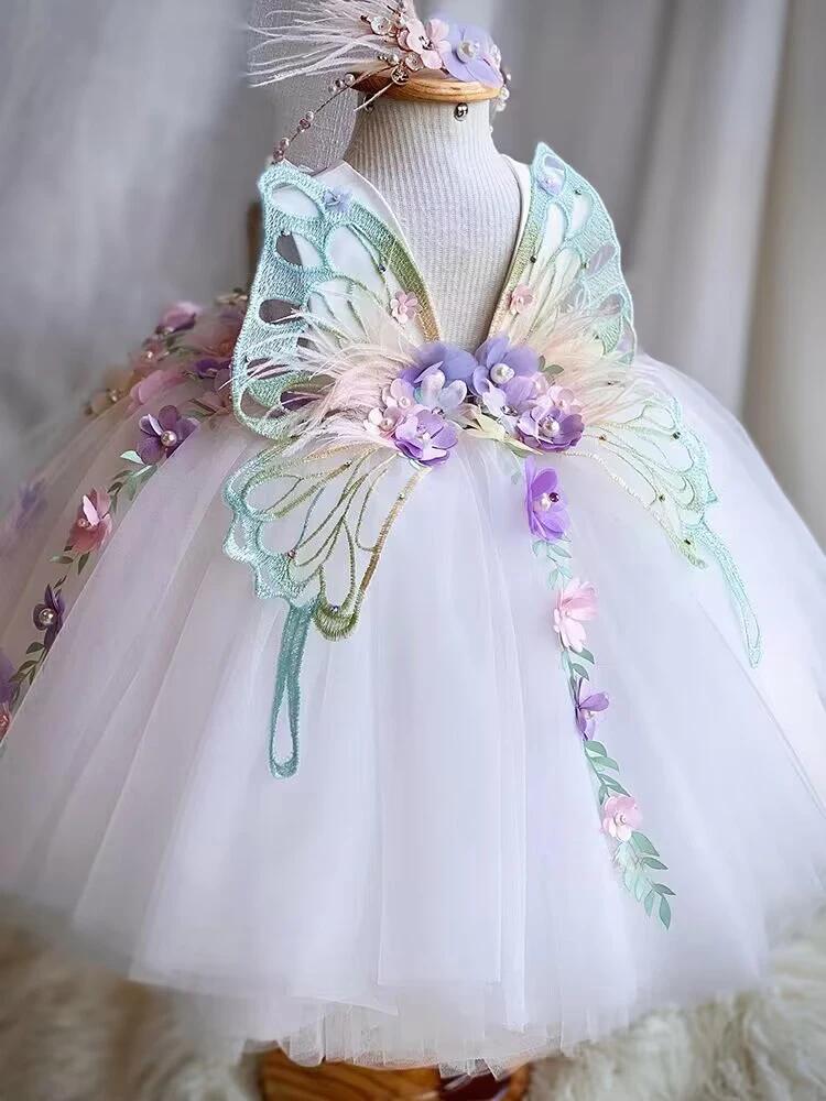 Robe de princesse en maille moelleuse pour filles de 2 à 6 ans, ailes de papillon, robe de soirée él