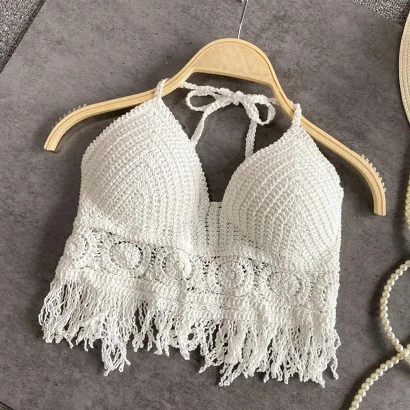 Sexy Boho plage vacances Camisole licou femmes Crochet tricot maillot de bain soutien-gorge dos nu g