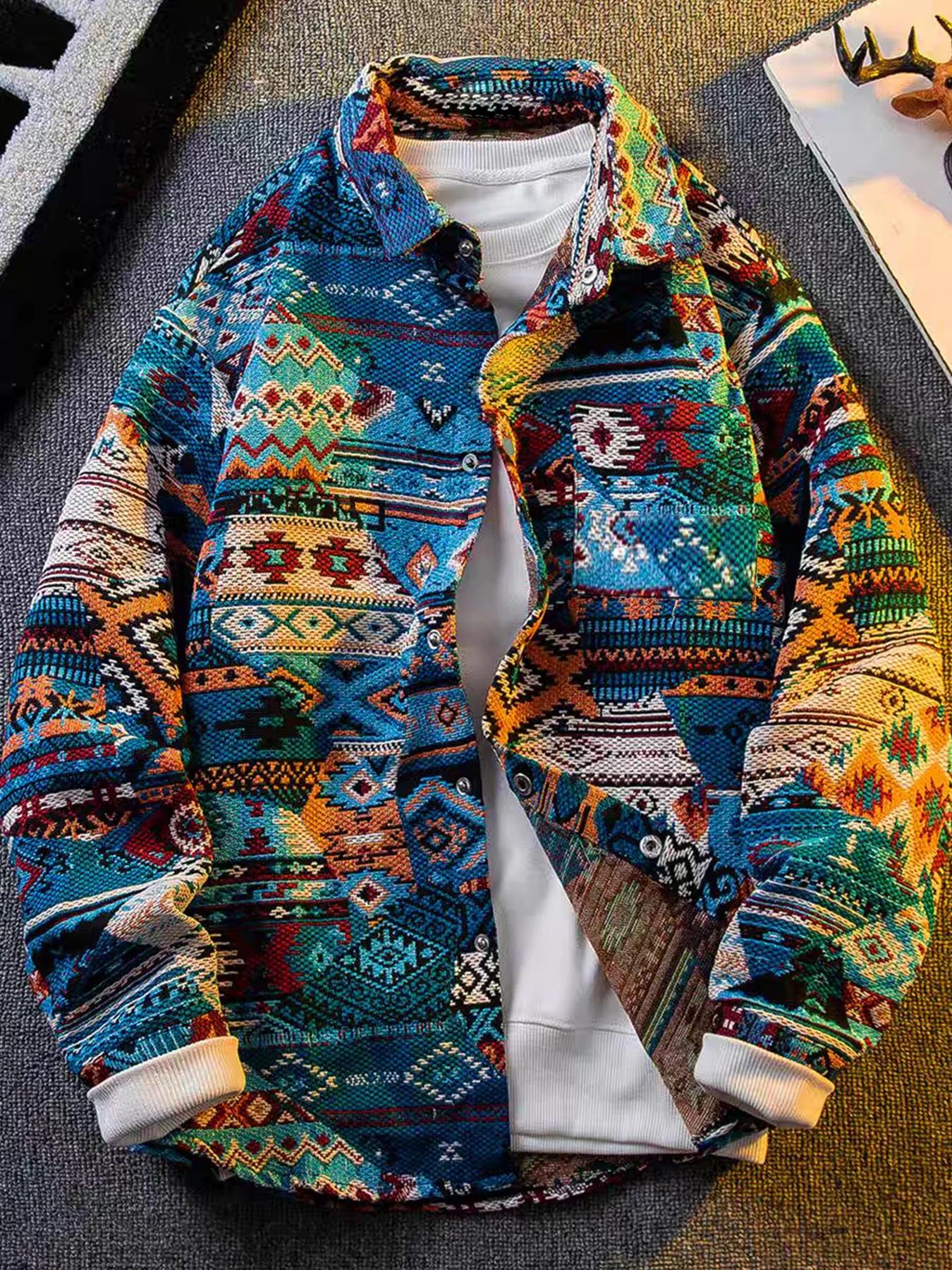 Veste à manches longues imprimée de style ethnique pour hommes, veste tendance élégante haut de gamm