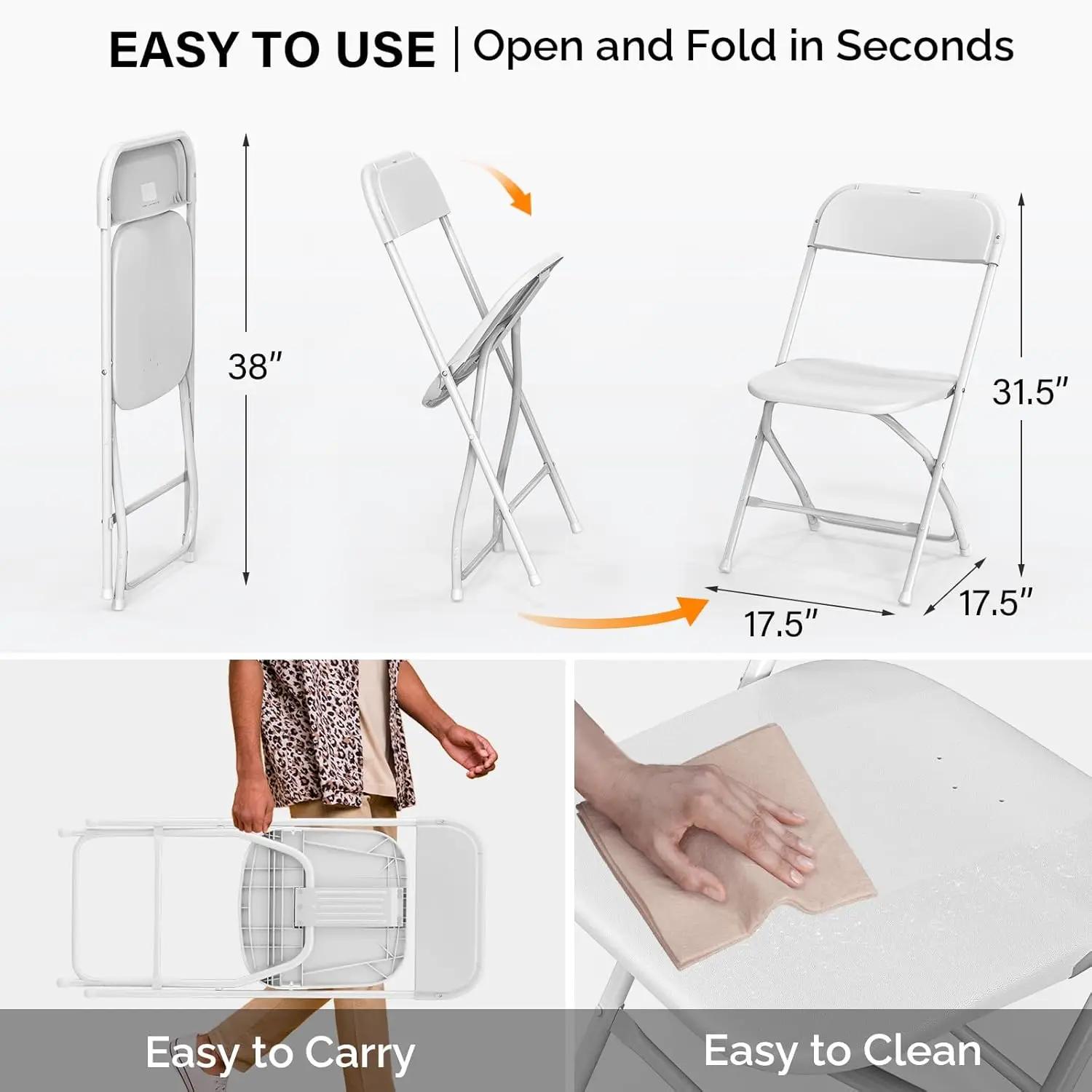Lot 4 chaises pliantes plastique blanc empilables - Sièges intérieur extérieur cadre acier capacité 350 lb