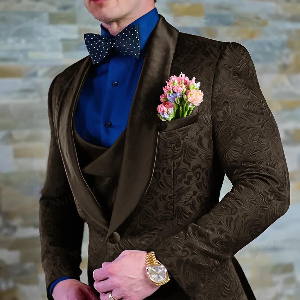 Costume bleu marine pour hommes, veste et pantalon en Jacquard, ensemble 3 pièces, smoking formel po