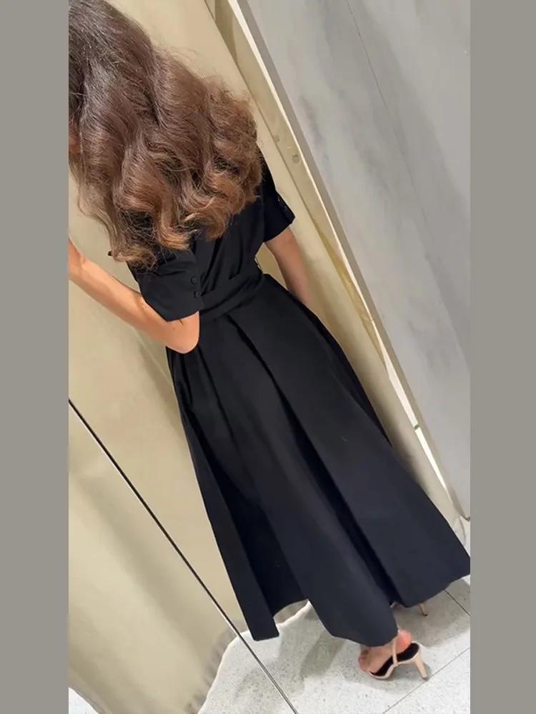 Nouvelle Robe Longue Plissée Noire Élégante pour Femme avec Ceinture, Manches Longues et Col Revers,