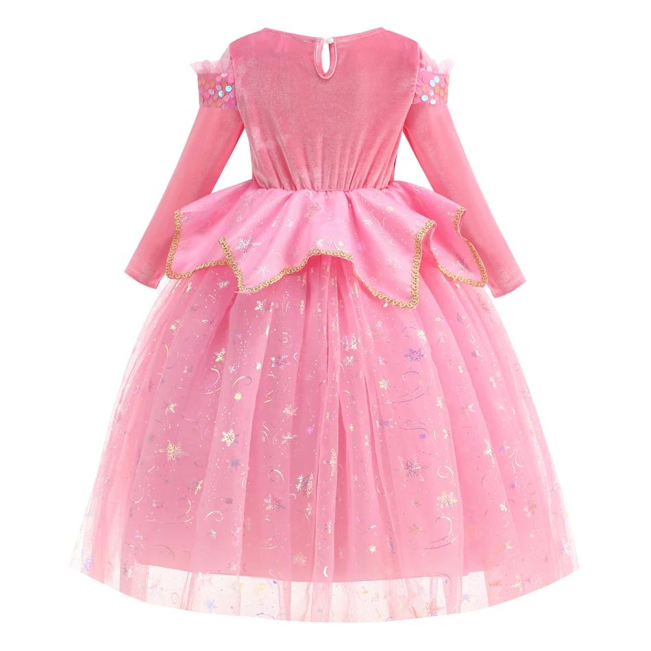 Robe de princesse Aurora pour filles, robe longue en tulle rose à paillettes, couronne, baguette mag
