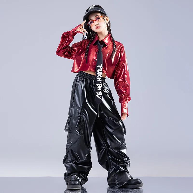 Haut court rouge à manches longues, pantalon en cuir, Costume de danse Jazz, vêtements pour filles, 