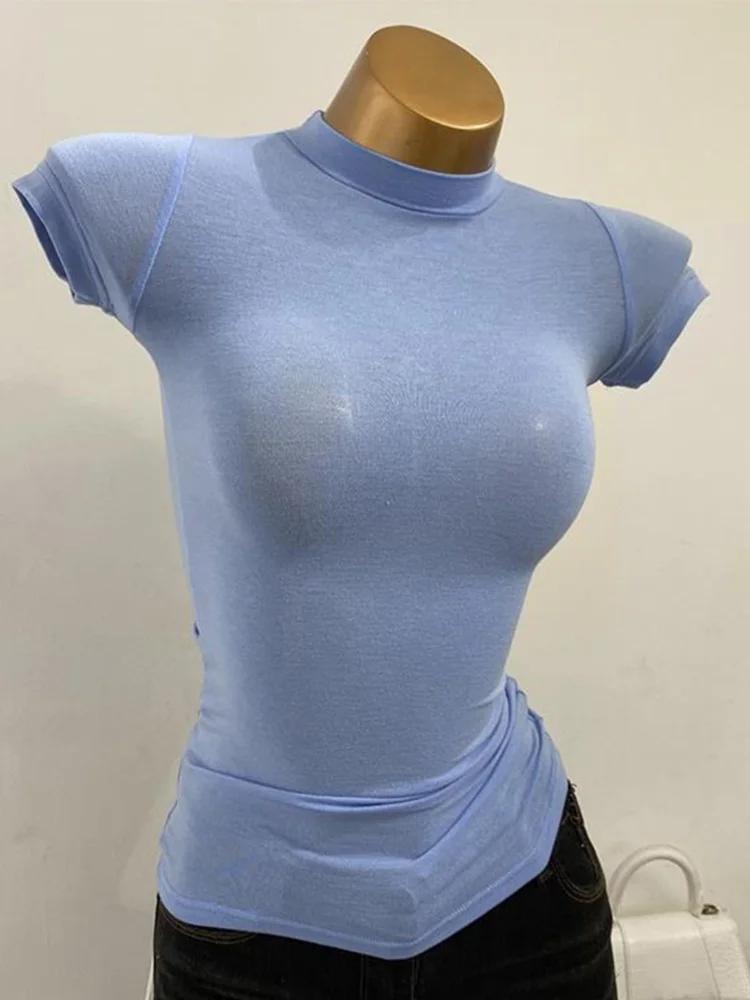 T-shirt col mi-haut coréen Transparent à manches courtes coupe ajustée élastique solide chemise à fo