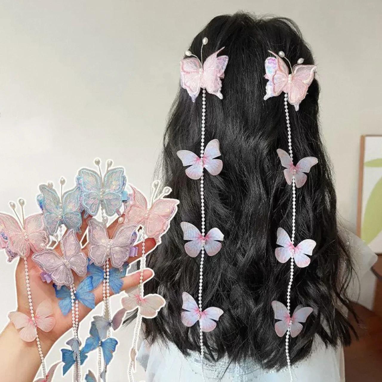 Pince à cheveux féerique en perles et papillons, 2 pièces/ensemble, princesse fille, pompon tressé, 