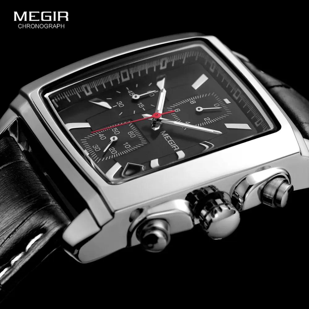 Megir cadran rectangulaire bracelet en cuir Montre pour hommes décontracté bleu chronographe montres