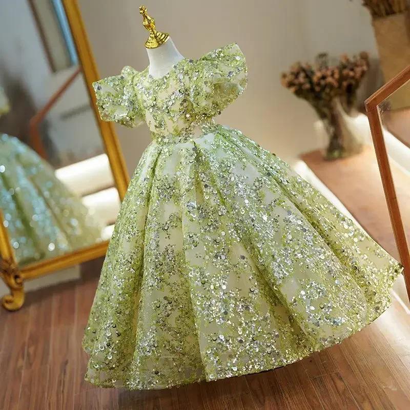 Robes de soirée pour enfants, robes de bal élégantes pour filles, manches à bulles, paillettes, robe