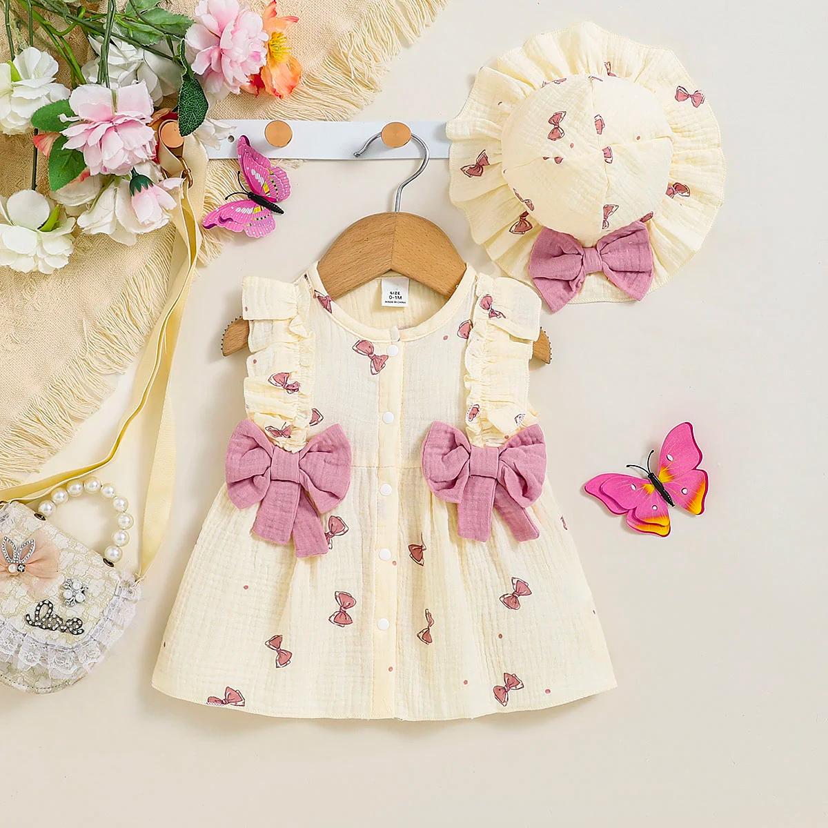 Robe bébé fille 0-9 mois 2 pièces avec chapeau - Imprimé nœud col rond volants nouveau-né