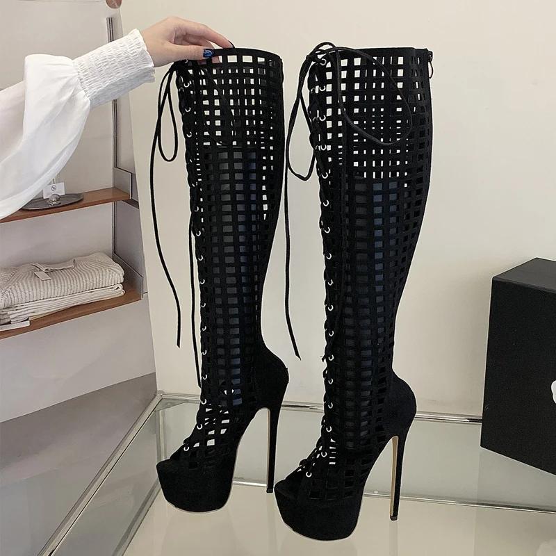 Eilyken Sexy Stiletto High Heels Peep Toe Hollow Out Knee-High Boots Women Design Lace-Up Shoes Summ