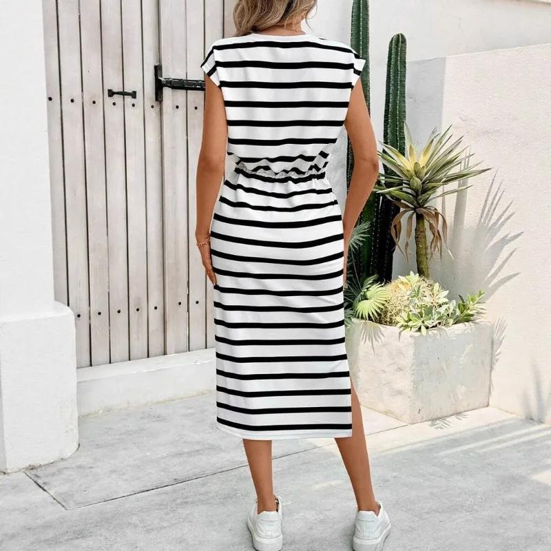 Robe décontractée à rayures noires et blanches pour femmes, col rond, robe blanche, robe d'été