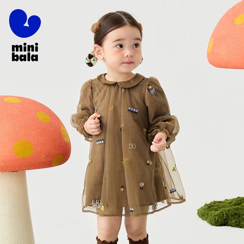 Mini robe en maille Bala pour filles, col beurre, dentelle douce brodée, jolie robe