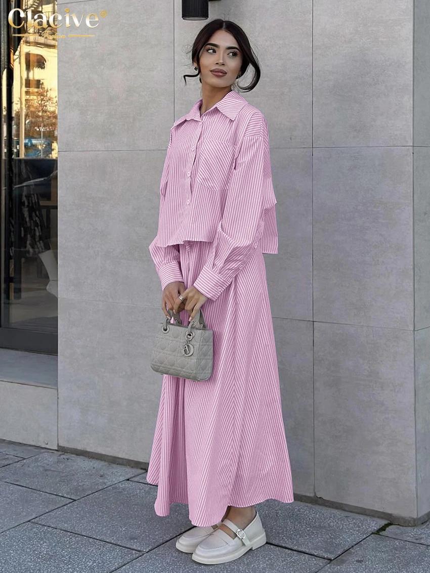 ClacMarkets-Ensemble 2 pièces à rayures roses pour femmes, chemise élégante à manches longues, jupes