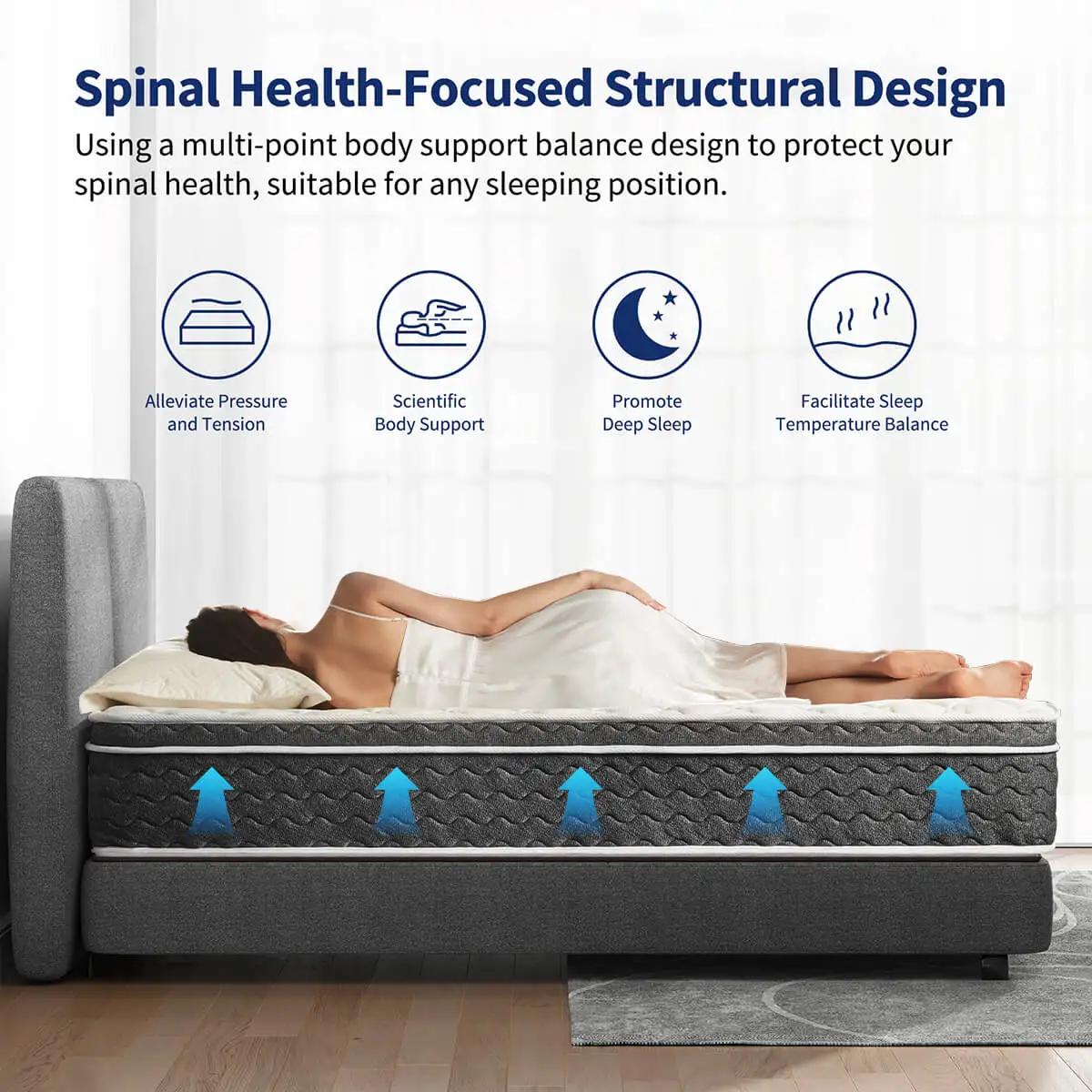 Matelas hybride Queen Size 10/12/14 pouces, fermeté moyenne, sans fibre de verre et certifié OEKO-TE