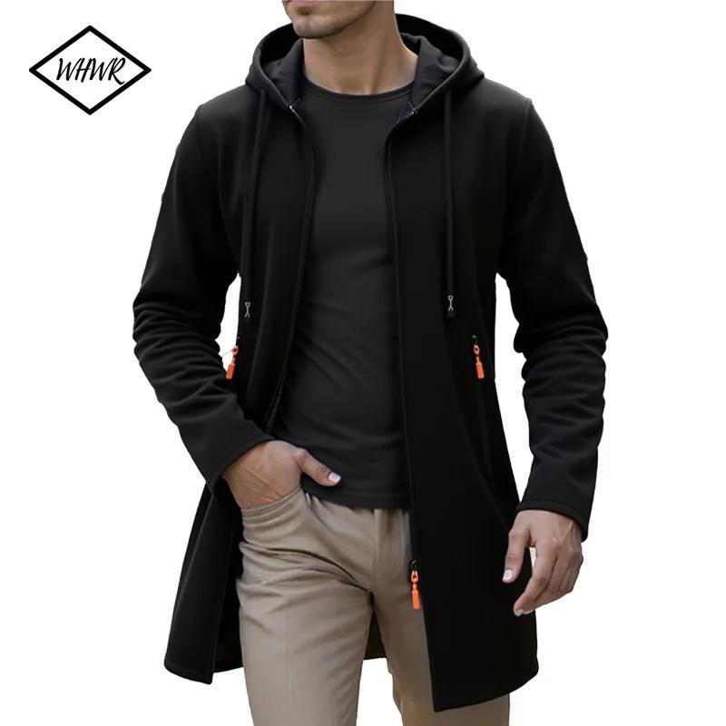 Printemps automne hommes vestes longues à capuche solide tricot Cardigan vêtements d'extérieur décon