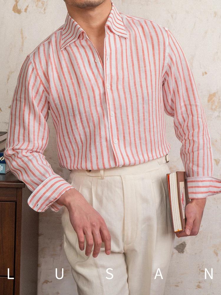 Chemise d'été 100 lin à manches longues et col une pièce rayé, légère et respirante, chemise d'extér