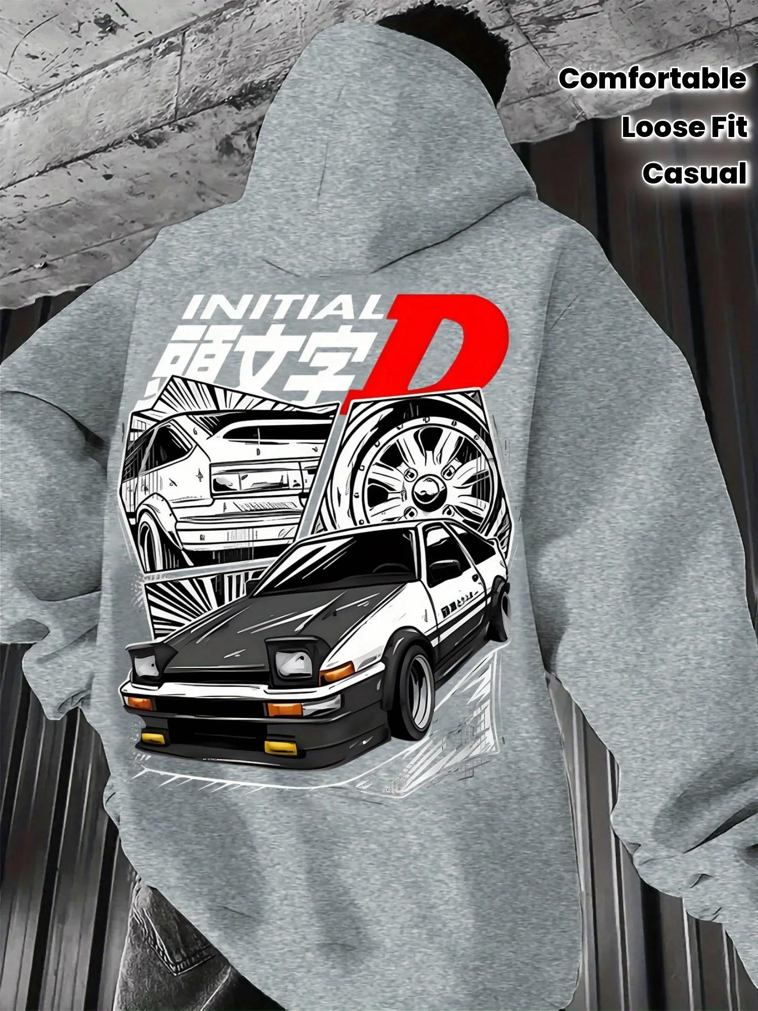 Sweat-shirt à capuche noir avec logo initial D avec illustration de voiture JDM emblématique, pull a