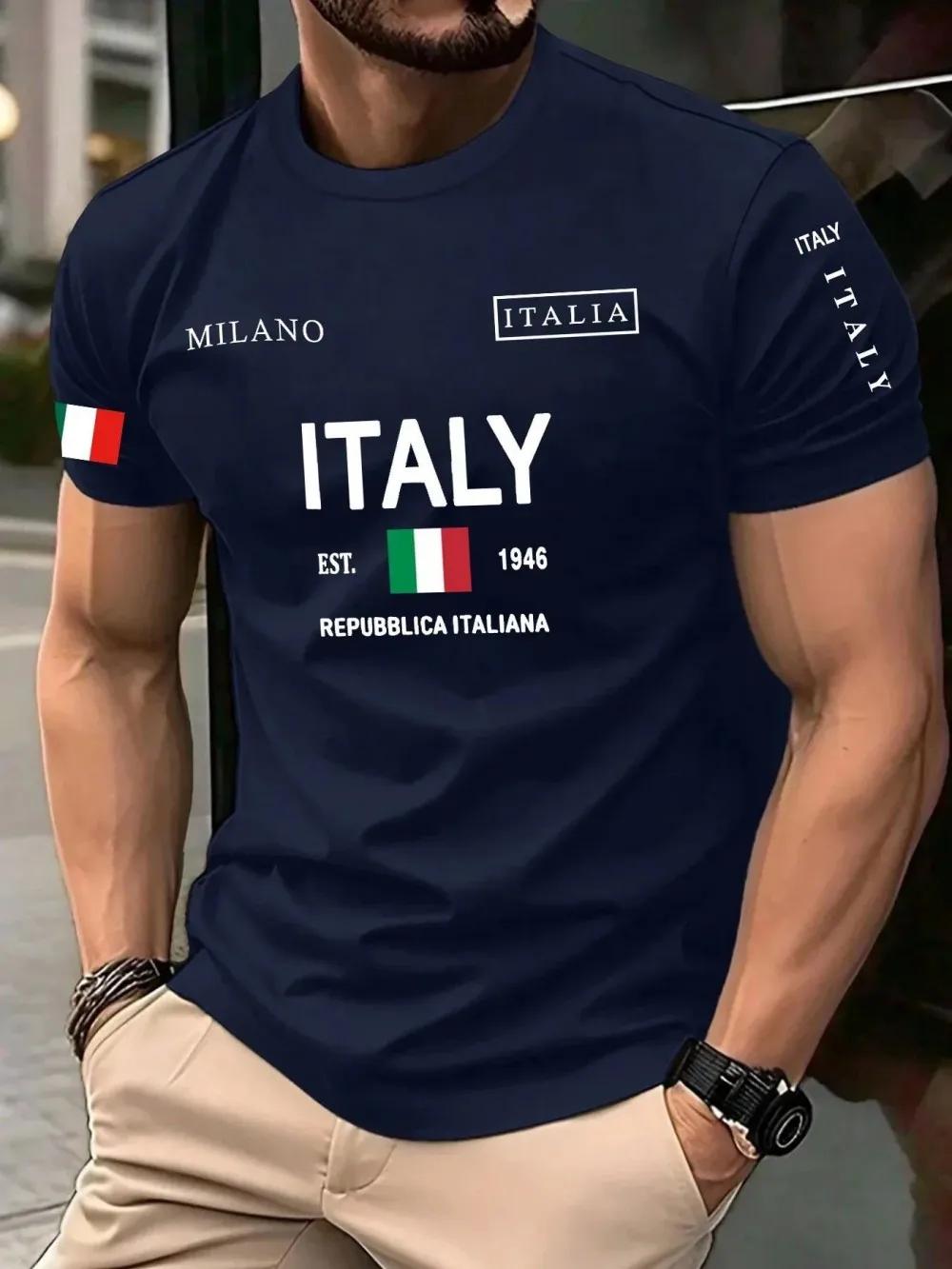 T-shirt d'été pour hommes européens et américains, imprimé lettres Milan, doux et respirant, col ron