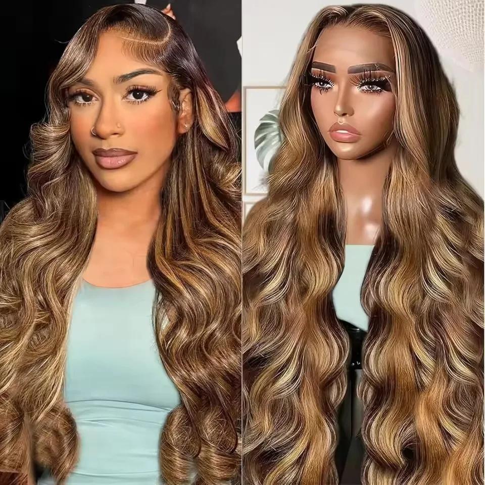 13x6 sans colle mettre en évidence Hd dentelle frontale perruque cheveux humains Ombre couleur miel 