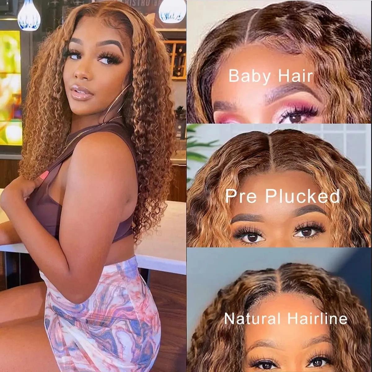 Perruque Lace Front Wig Naturelle Bouclée, Cheveux Humains, Deep Water Wave, 13x4, à Reflets Brun Mi