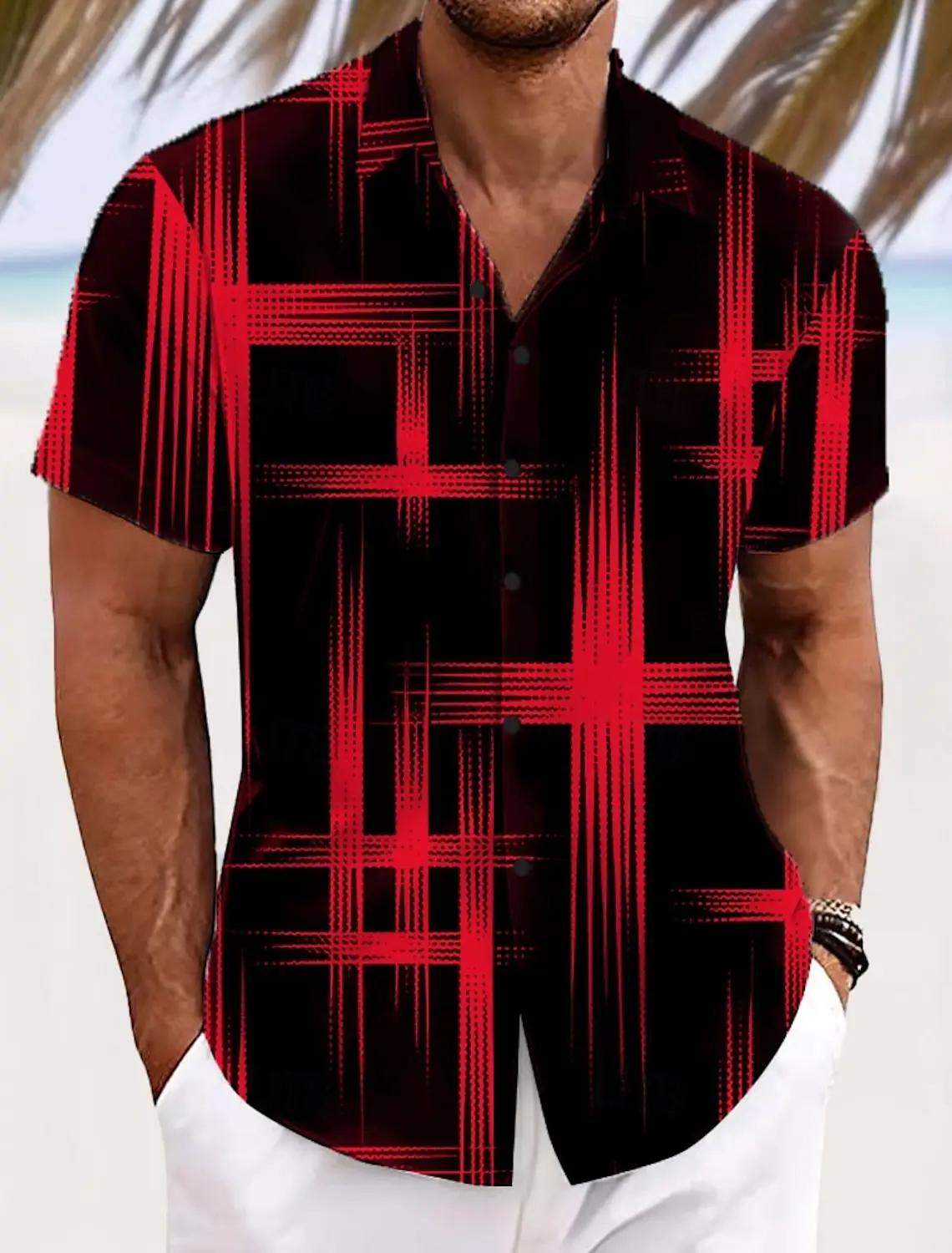 Chemise à carreaux à grille géométrique pour hommes, couleur dégradée, boutonnée, manches courtes, m