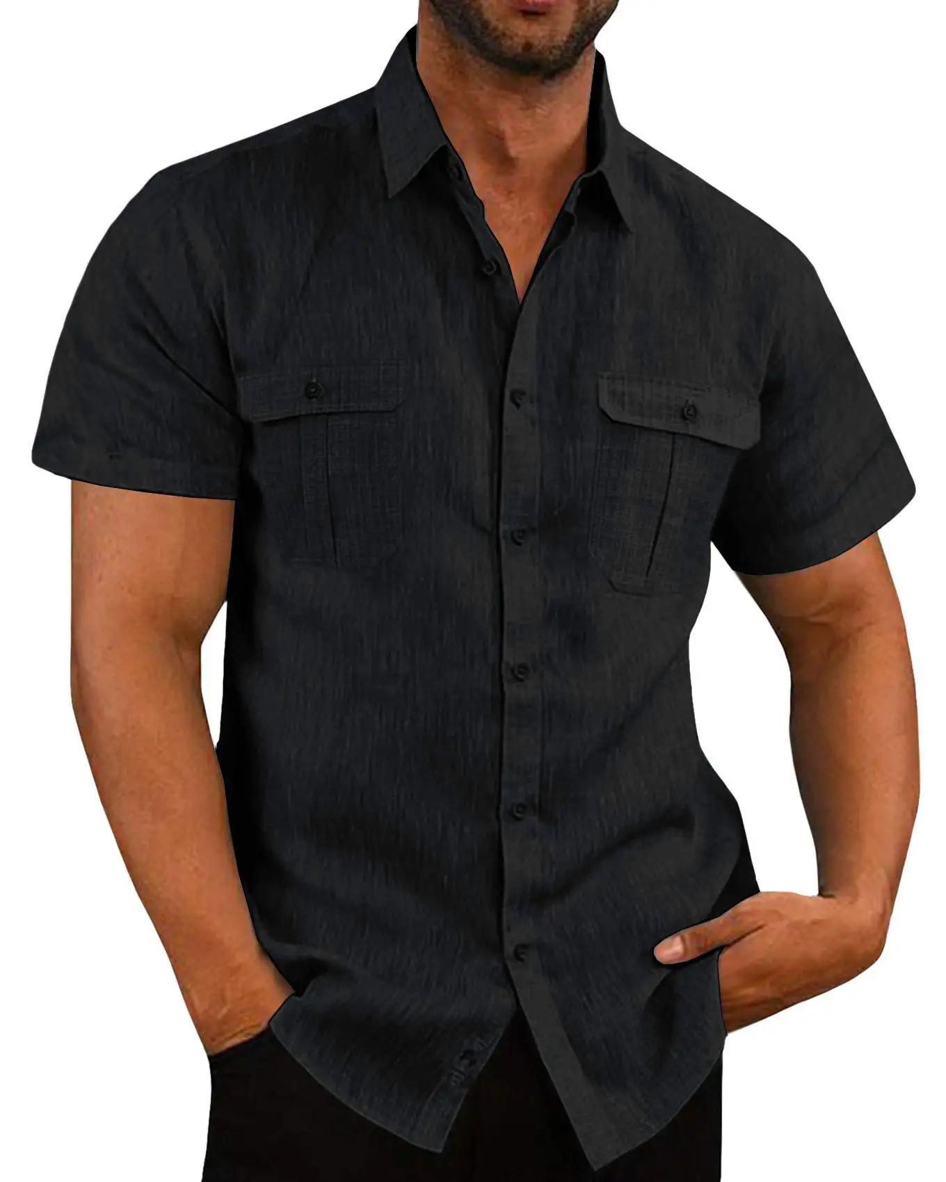 Chemise en coton et lin pour hommes, avec poches, décontractée, plage, manches courtes, couleur unie