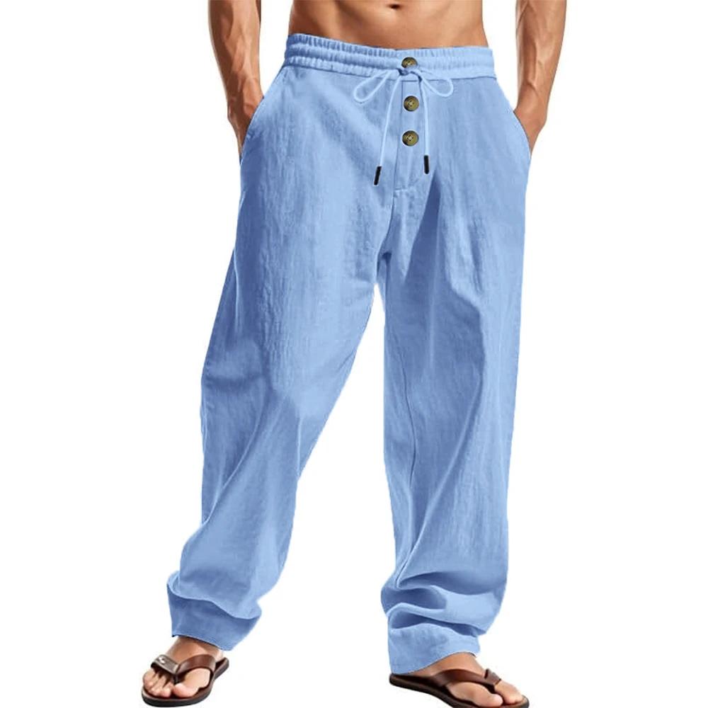 Pantalon respirant décontracté pour hommes, couleur unie, taille élastique, boutons, ample, Fitness,