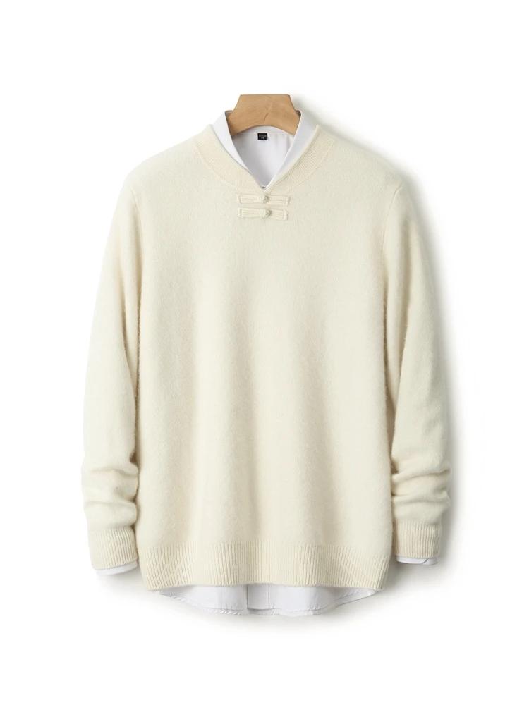 Nouveaux hommes 100% laine mérinos pull manches longues col montant pull cachemire doux disque boucl