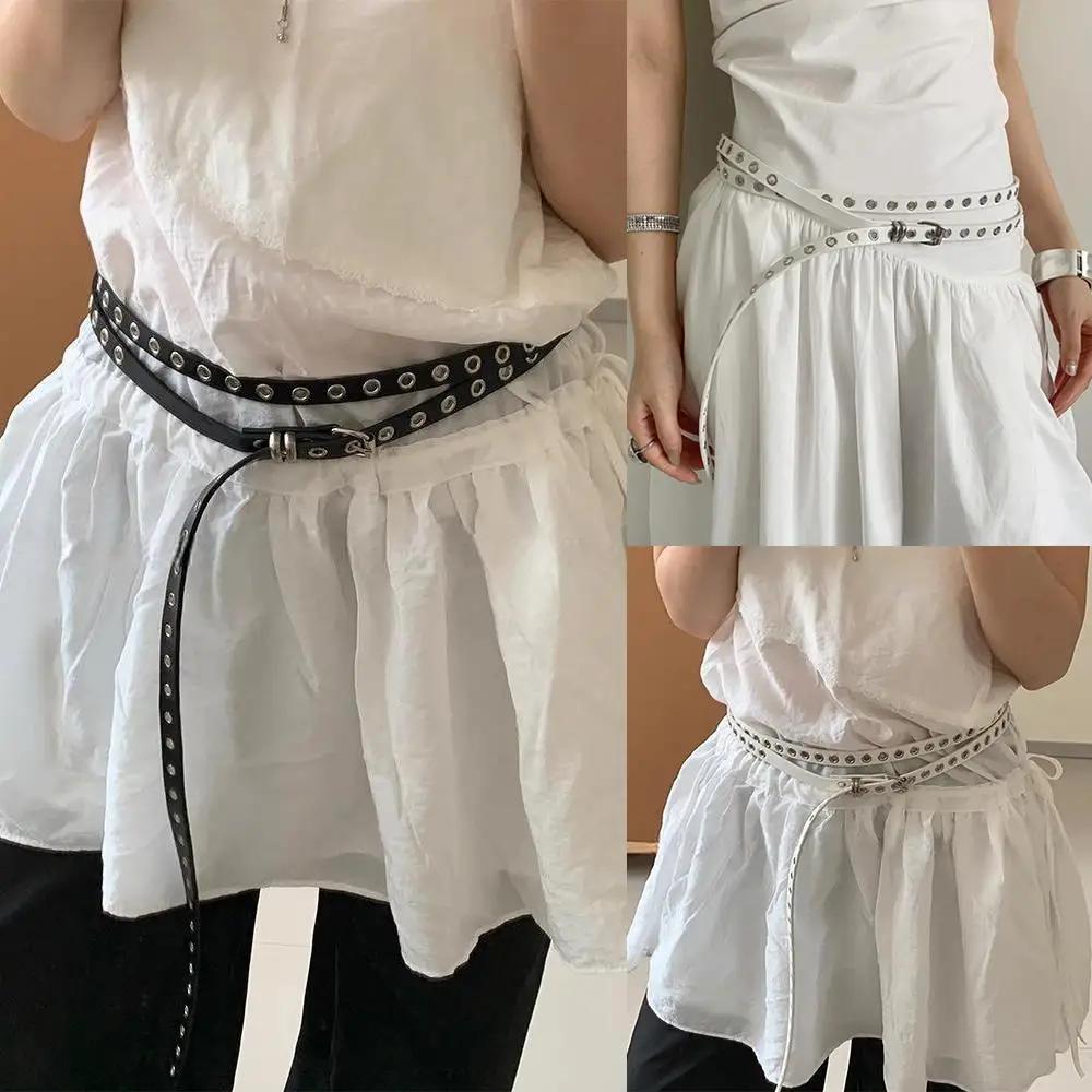 Rivet oeillet bricolage porter ceinture de taille en cuir PU Double cercle chaîne de taille nouée Ex