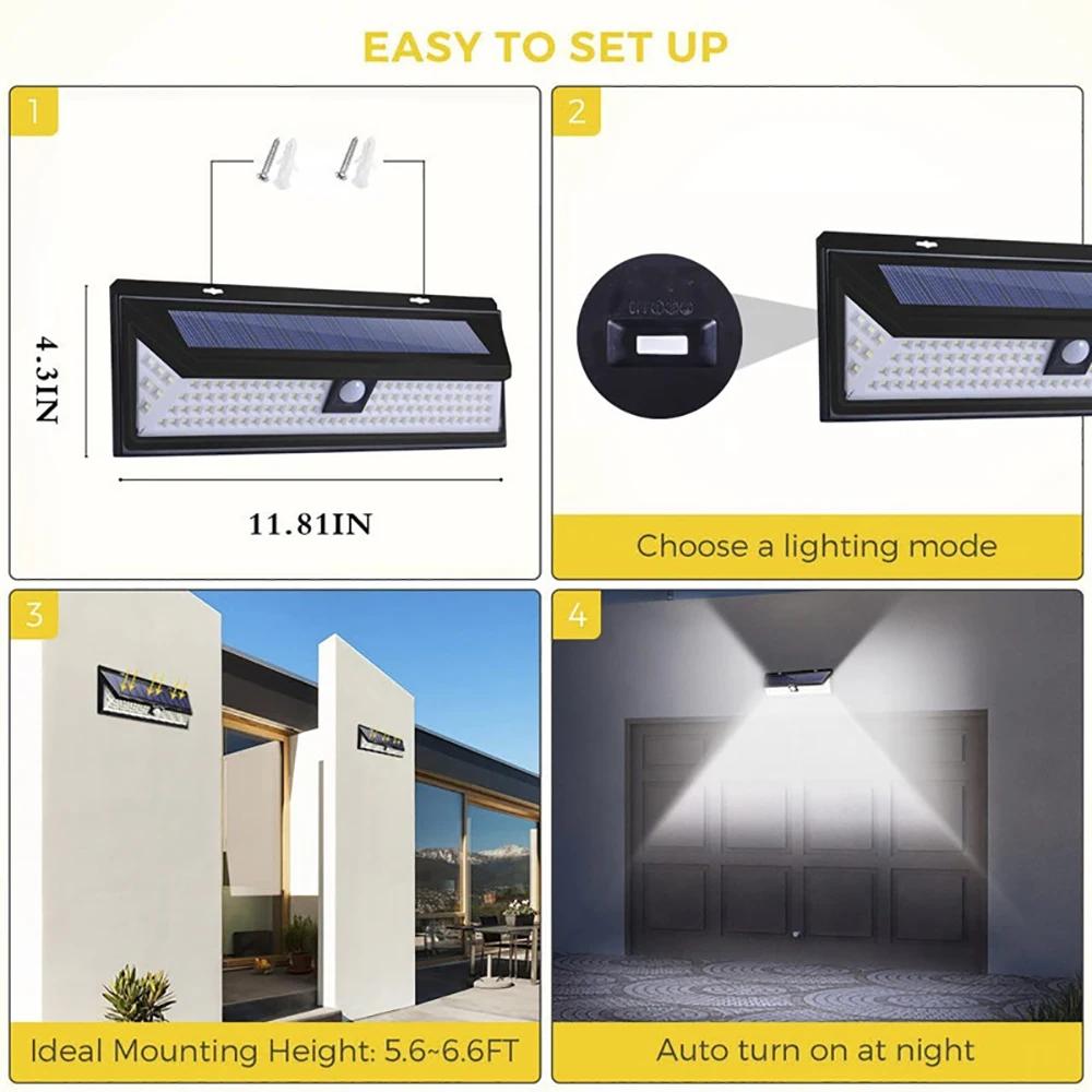 Applique murale solaire LED avec capteur extérieur, 118 lumières, 4400mAh, éclairage puissant, capte