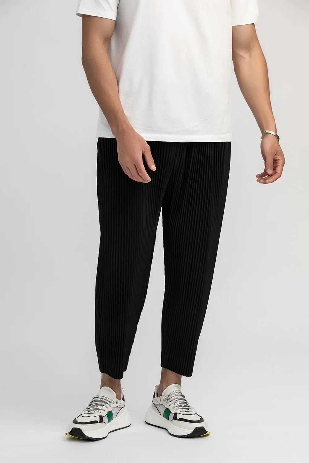 Miyake plissé pantalon droit hommes vêtements noir crayon pantacourt vêtements de rue hommes Style j