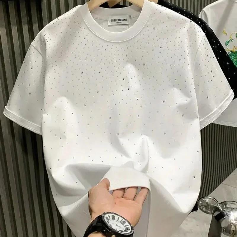 Nouveau luxe hommes T-shirt diamant chaud imprimé demi manches mode col rond décontracté été haut de