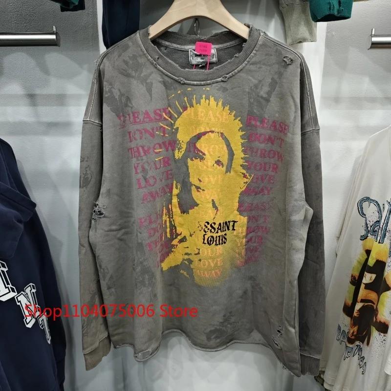 Saint col rond sweat Vintage imprimé trous en détresse lavé délavé unisexe surdimensionné vêtements 