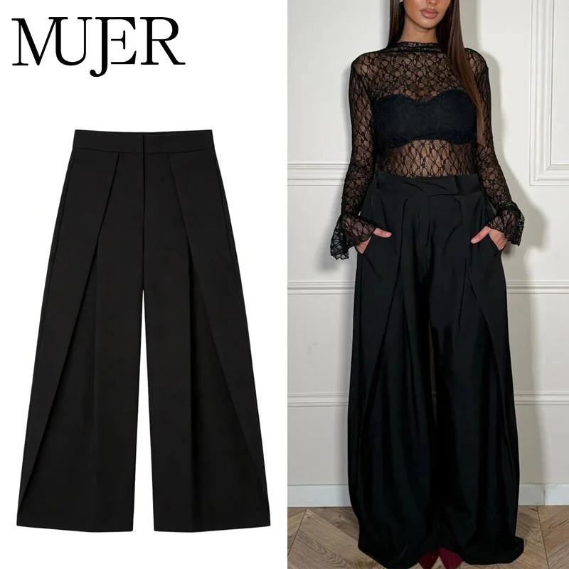 Pantalon Baggy Noir Plissé à Jambes Larges Rayé Décontracté Taille Haute pour Femme Printemps