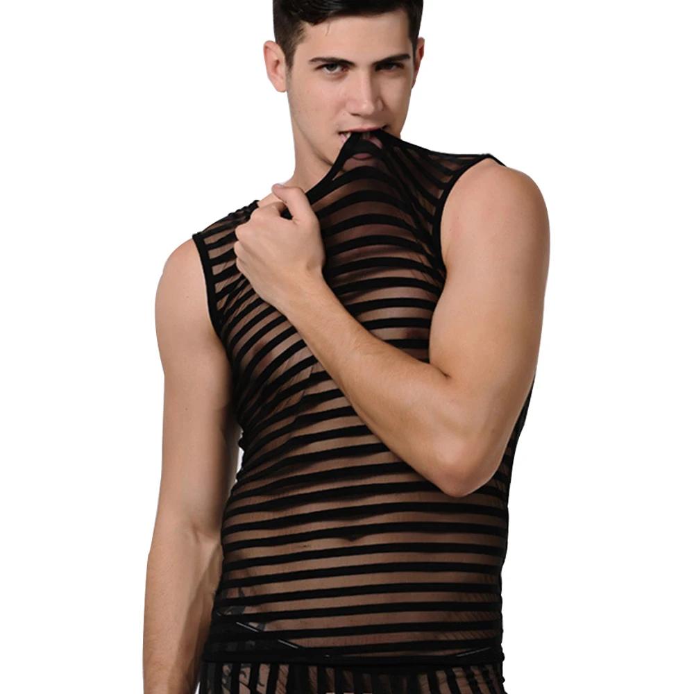 Débardeur Transparent rayé en maille pour hommes, noir, Sexy, à séchage rapide, mode décontractée, é