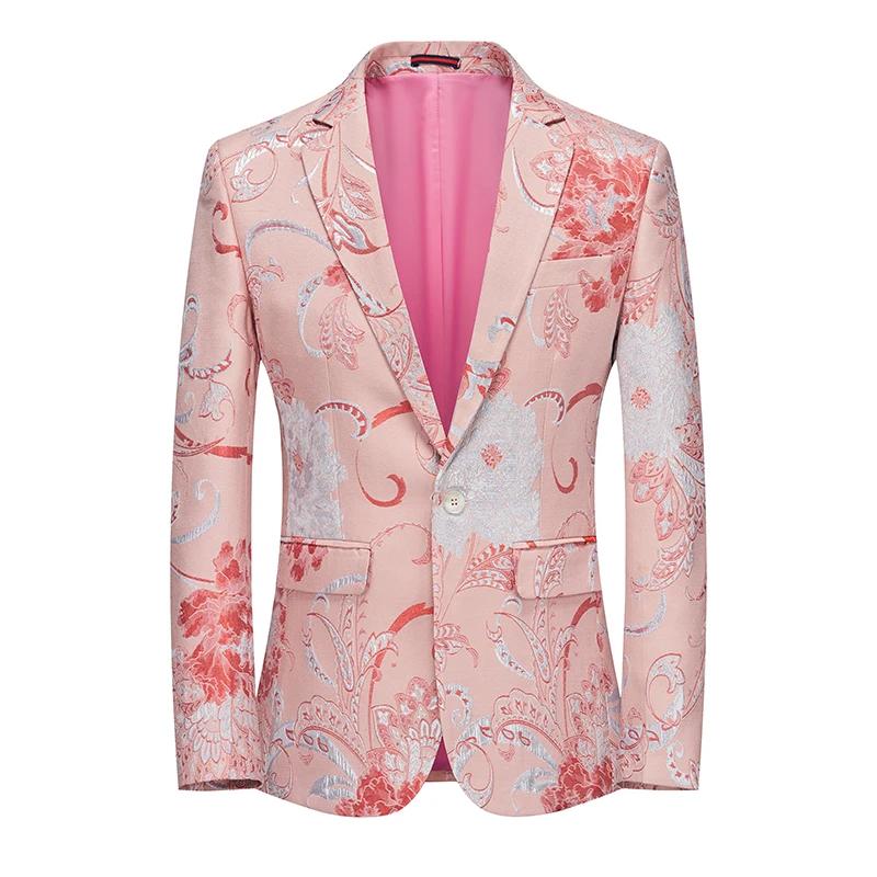Veste Jacquard imbibée de fleurs pour hommes, blazer à bouton unique, manteau de scène de chanteur, 