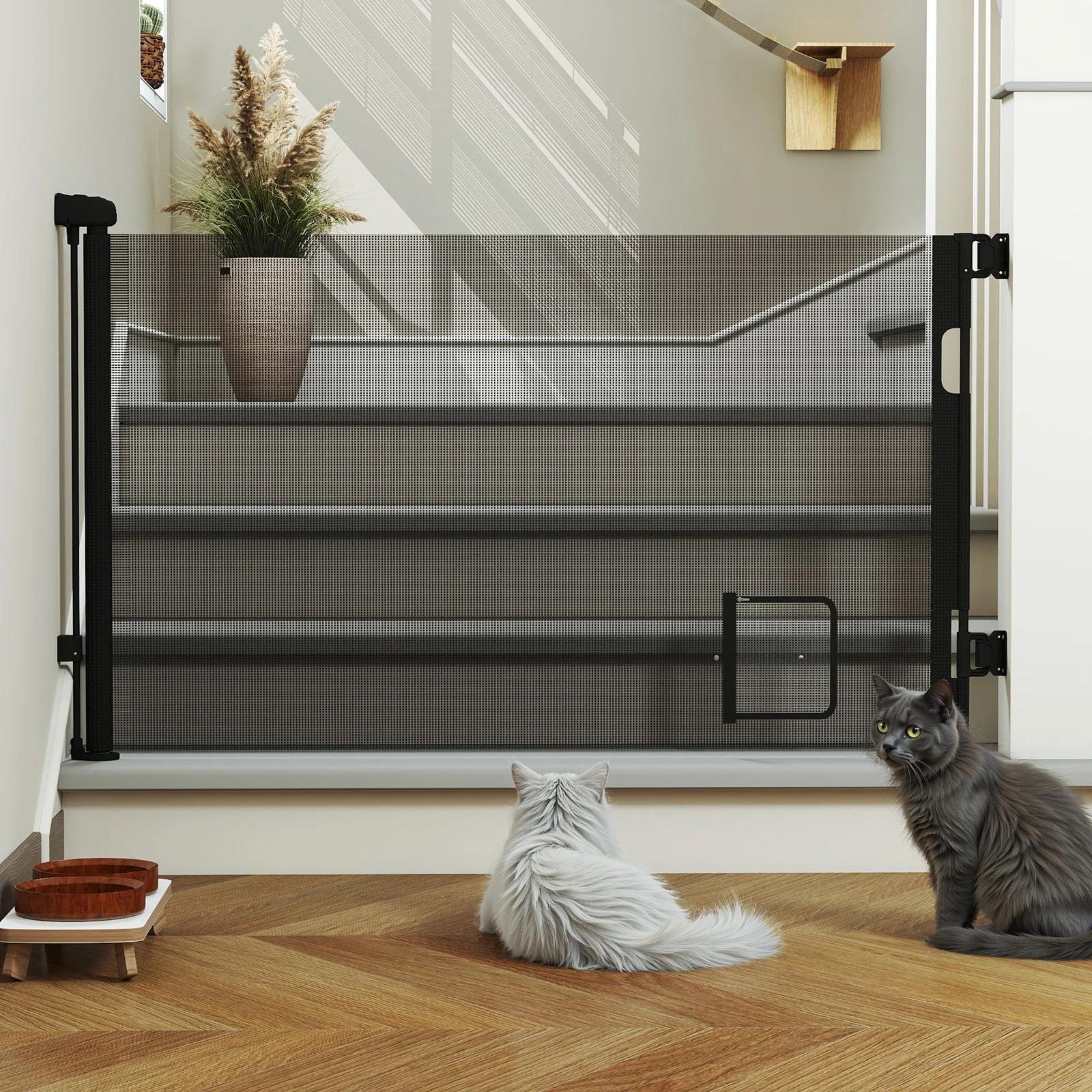 Porte de sécurité rétractable pour bébé 0-150 cm, avec trou pour chat, porte de sécurité enroulable