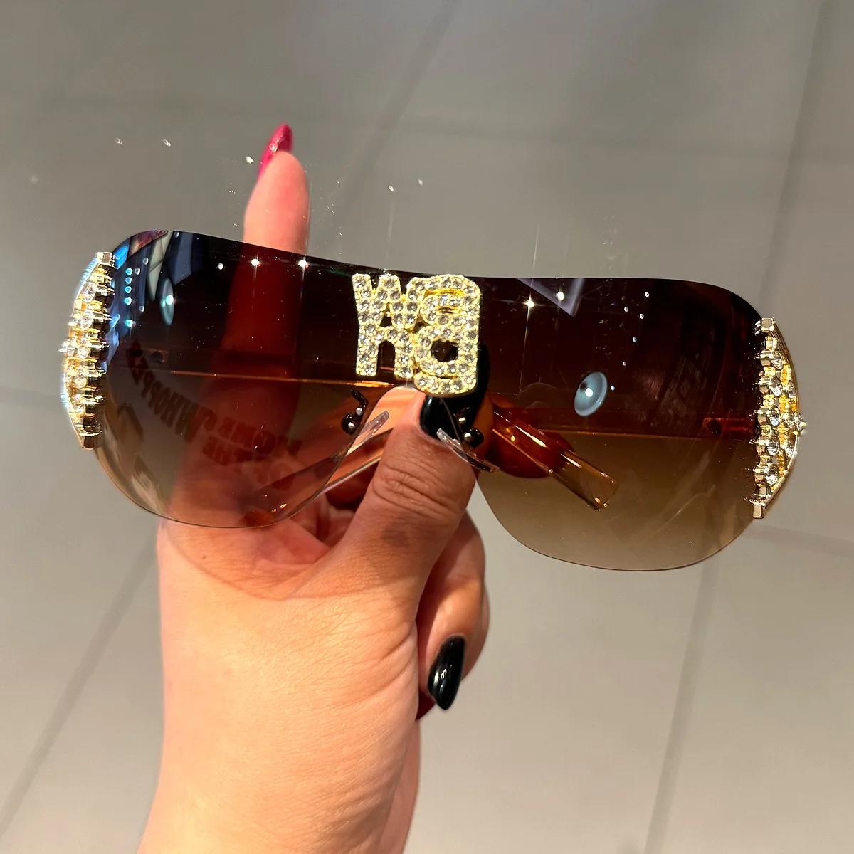 Lunettes de soleil de luxe y2k sans monture pour femmes, avec lettres en strass, de marque de stylis
