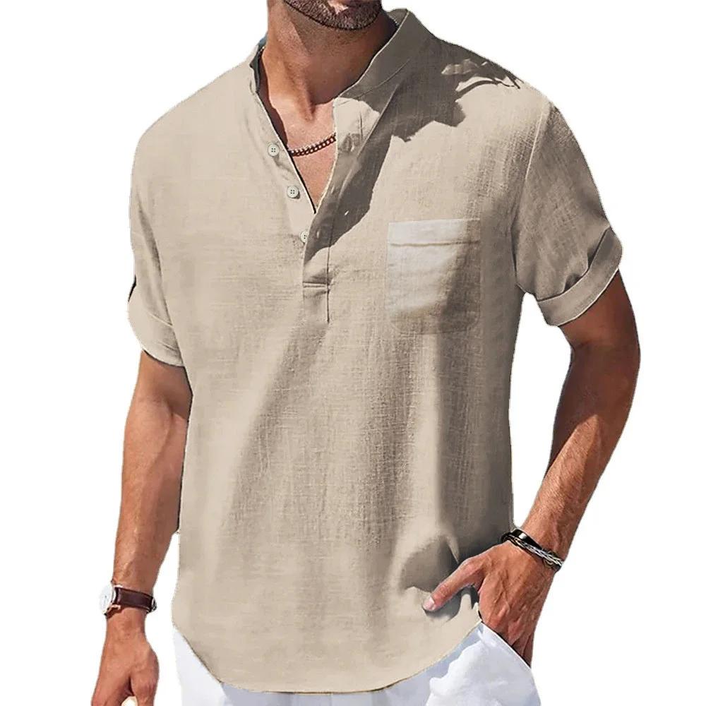 Été nouveaux hommes coton et lin chemises à manches courtes T-shirt col Henry décontracté hommes T-s