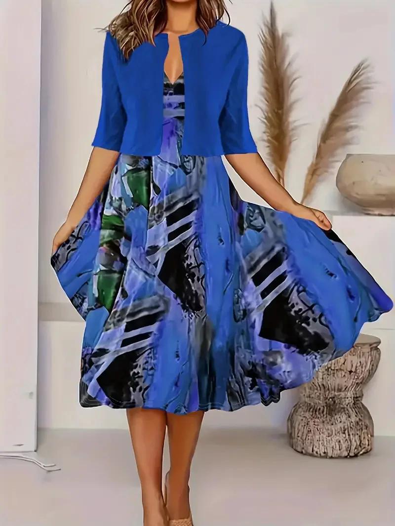 Robe longue pour femmes, ensemble deux pièces imprimé floral, col rond, manteau, Europe et états-uni